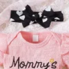 2pcs/Set Baby Girls' Cute Spring & Autumn Casual Round Neck Jumpsuit With Slogan Embroidery, Heart Print Shorts And Headband - Image 6
