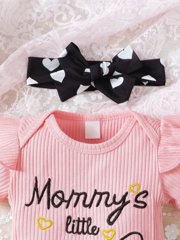 2pcs/Set Baby Girls' Cute Spring & Autumn Casual Round Neck Jumpsuit With Slogan Embroidery, Heart Print Shorts And Headband - Image 6