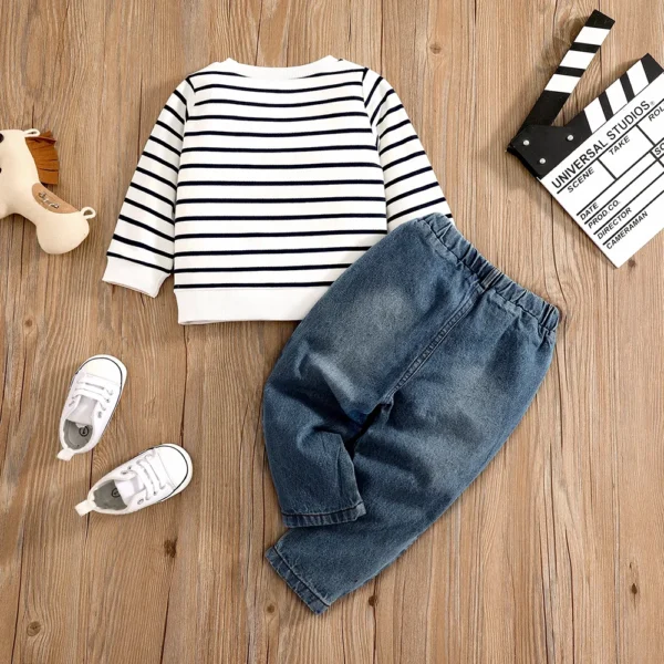 0-24 Months Spring Autumn New Boy Girl And Toddler Elephant Stripe Top Casual Cute Print Jeans Set - Image 3