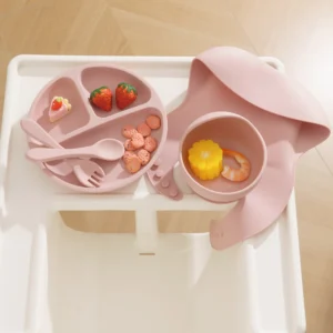 5Pcs Baby Silicone Feeding Set Round Dining Plate Sucker Bowl Dishes For Kids Waterproof Bib Children's Tableware Straw Cup