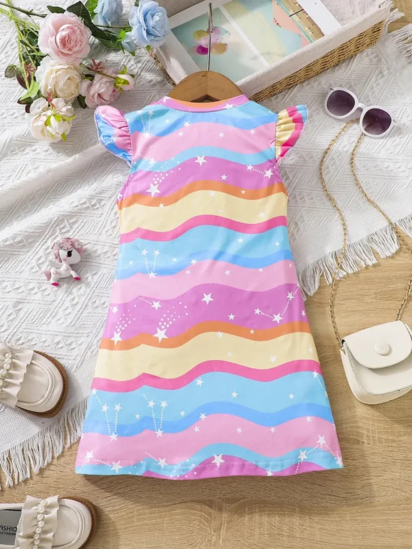 Kids Young Girl Unicorn Print Ruffle Trim Dress - Image 2