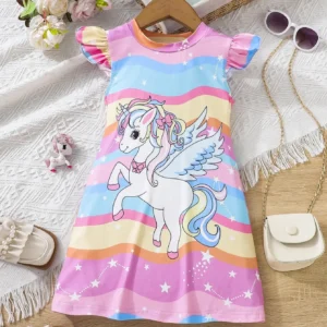 Kids Young Girl Unicorn Print Ruffle Trim Dress