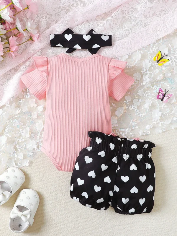 2pcs/Set Baby Girls' Cute Spring & Autumn Casual Round Neck Jumpsuit With Slogan Embroidery, Heart Print Shorts And Headband - Image 2