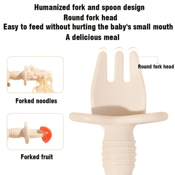 2pcs Food Grade Children Wooden Handle Silicone Spoon Fork Cutlery Baby Training Complementary Food Spoon BabyFeeding Spoon Fork - Image 5