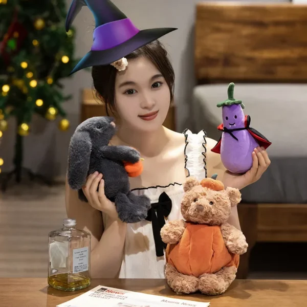 1pc Cute Black Rabbit Hold Pumpkin Plush Toys Soft Pumpkin Bear Earphone &cloak Eggplant Stuffed Doll Halloween Trick or Treat - Image 2
