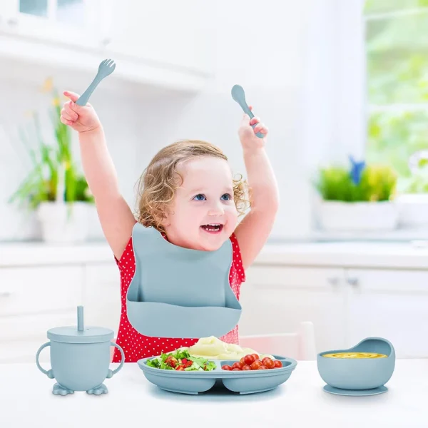 Children's Dishes Set Baby Silicone Tableware 6PCS Set Sucker Bowl Bib Cup Fork Spoon Set Maternal and Infant Supplies BPA Free - Image 6