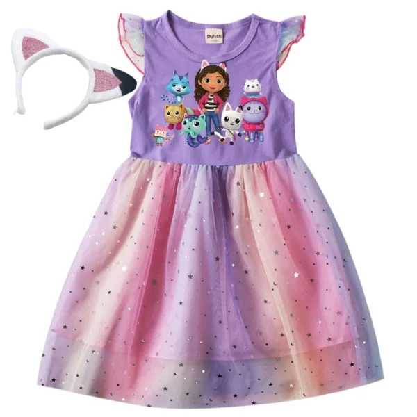 Girl Dress Children's Cartoon Mesh Star Princess Dress Kids Flying Sleeve Skirt + headwear 2pcs - Image 3