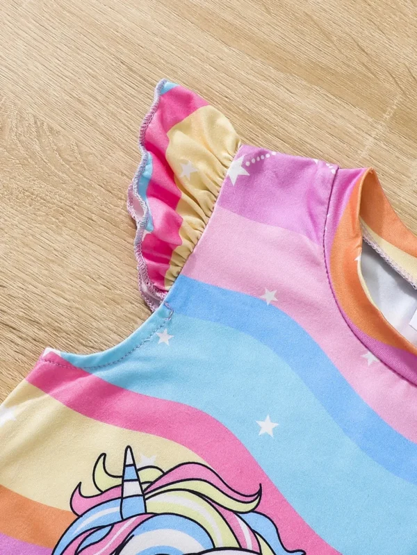 Kids Young Girl Unicorn Print Ruffle Trim Dress - Image 3