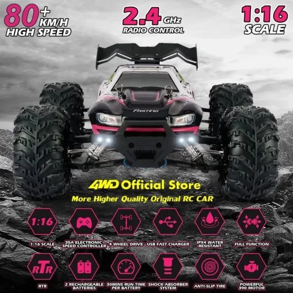 1:16 80km/h Brushless RC Drift Car With LED Lights 4WD Electric High Speed Racing Remote Control Monster Truck for Kids Adults - Image 3