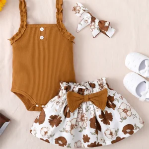 3PCS Clothes Set for Baby Girl 3-18 Months Sleeveless Solid Bodysuit+Floral Skirt+Headband Summer Infant Girl Casual Outfit Suit