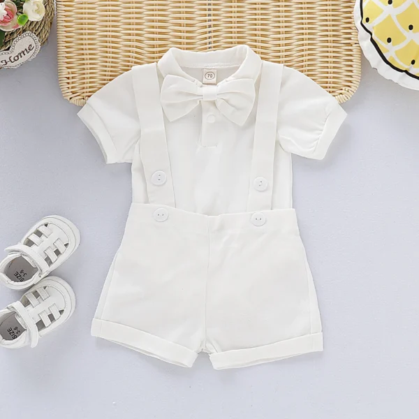 0-24 Months Newborn Baby Boy Gentlemen Clothes Set Bowtie Short Sleeve Cotton Romper+Suspender Pant Toddler Summer 2PCS Outfits - Image 4