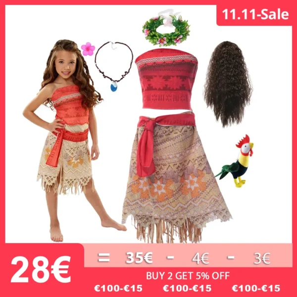 Disney Halloween Dress Up Party Moana Costume Little Girl Princess Fancy Clothes Children Vaiana Outfit for 2 3 5 6 8 10Y - Image 2