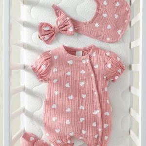 Baby Girls 4pcs Summer O-Round Cotton Soft Printing Heart Streetwear Cute Bodysuit