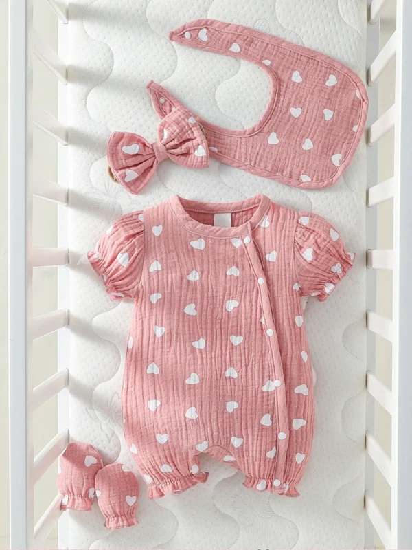 Baby Girls 4pcs Summer O-Round Cotton Soft Printing Heart Streetwear Cute Bodysuit