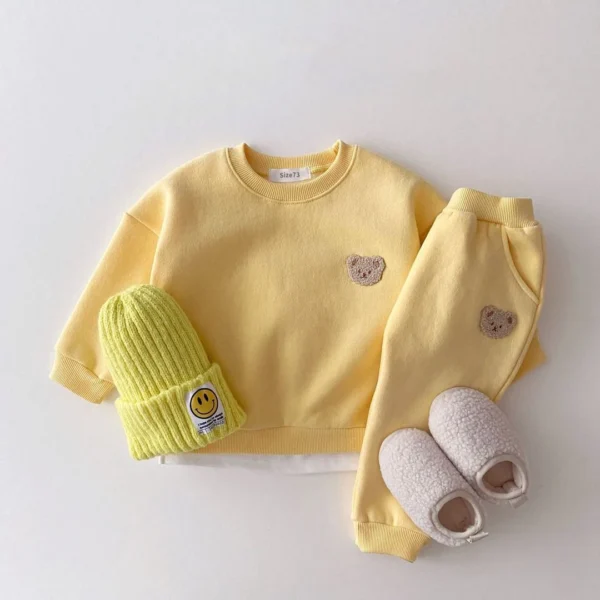 Korean Baby Boys Winter Clothes Sets Warm Bear Velvet Pullover Sweatshirt Tops+Harem Pants Suits 2pcs Girls Fleece Lined Clothes - Image 5