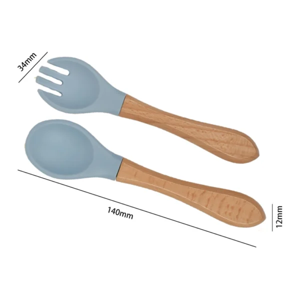 2Pcs Children's Wooden Handle Silicone Fork Spoon Soft and Resistant To Falling Baby Feeding Spoon Set Auxiliary Food Fork Spoon - Image 5