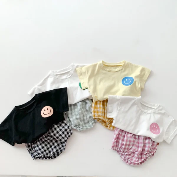 Girls Boys Cotton Smile Face Short Sleeve T-shirt + Plaid Shorts Two-pieces Suit Summer Baby Clothes Set - Image 5