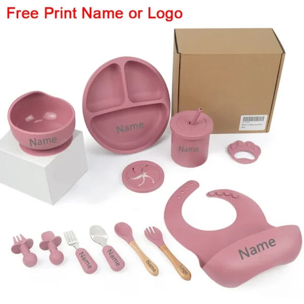 11Pcs Silicone Feeding Sets For Baby Personalized Name Children's Tableware Suction Cup Plates Bowl Spoon Feeding Cups BPA Free