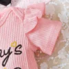 2pcs/Set Baby Girls' Cute Spring & Autumn Casual Round Neck Jumpsuit With Slogan Embroidery, Heart Print Shorts And Headband - Image 5