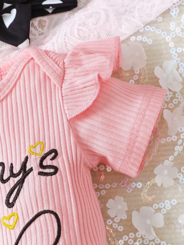 2pcs/Set Baby Girls' Cute Spring & Autumn Casual Round Neck Jumpsuit With Slogan Embroidery, Heart Print Shorts And Headband - Image 5