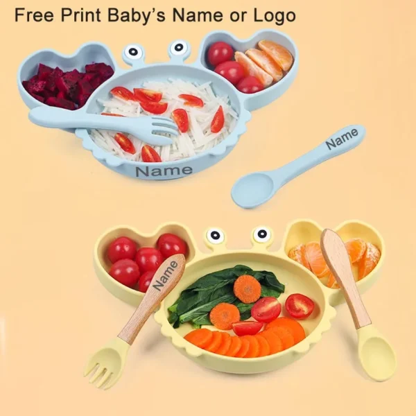 Crab Plate For Baby Silicone Tableware Suction Bowl Plate Tray Bibs Spoon Personalized Name Baby's Name Feeding Set For Kids - Image 4