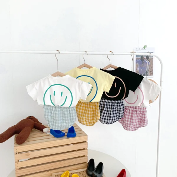 Girls Boys Cotton Smile Face Short Sleeve T-shirt + Plaid Shorts Two-pieces Suit Summer Baby Clothes Set - Image 4