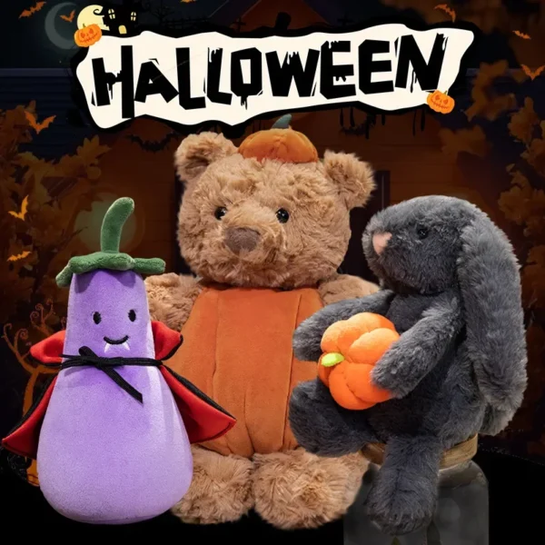 1pc Cute Black Rabbit Hold Pumpkin Plush Toys Soft Pumpkin Bear Earphone &cloak Eggplant Stuffed Doll Halloween Trick or Treat - Image 3
