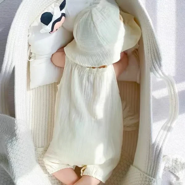 2PCS Summer Baby Clothes Set With Cap Toddler One Piece Cute Bear Sling Romper Fisherman Hat Infant Girl Boy Jumpsuit Outfit - Image 5