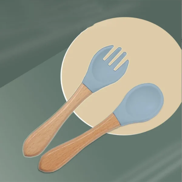 2Pcs Children's Wooden Handle Silicone Fork Spoon Soft and Resistant To Falling Baby Feeding Spoon Set Auxiliary Food Fork Spoon - Image 2