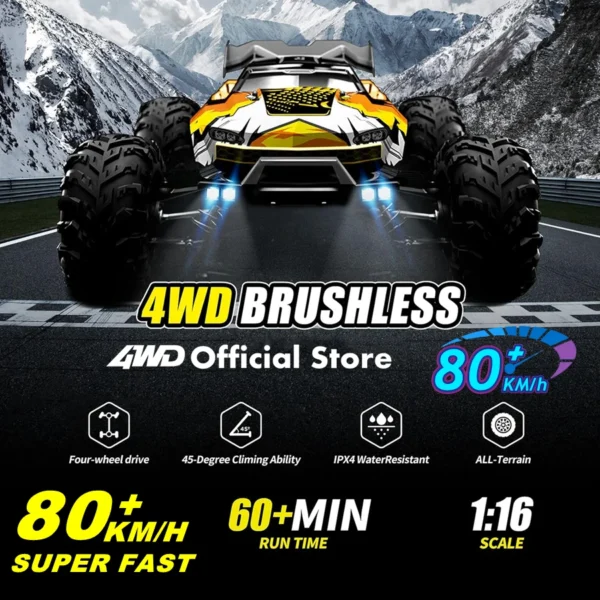1:16 80km/h Brushless RC Drift Car With LED Lights 4WD Electric High Speed Racing Remote Control Monster Truck for Kids Adults - Image 2