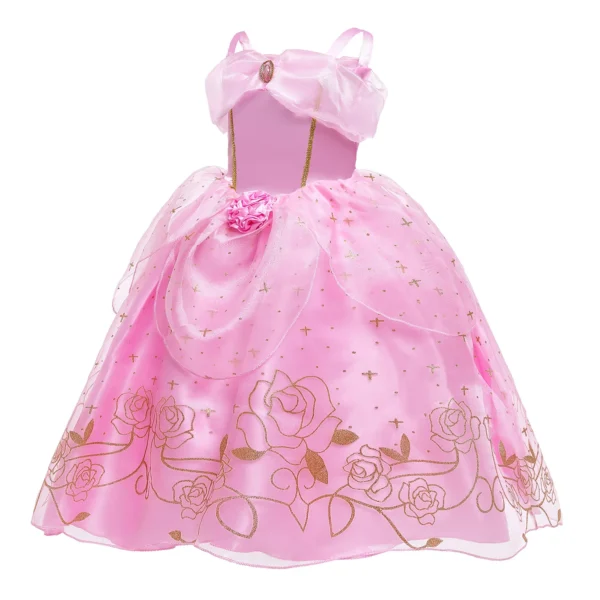 Aurora Pink Princess Dress Girl Sleeping Beauty Cosplay Costume Summer Floral Rose Print Sling Frocks 2-10 Yrs Kids Elegant Gown - Image 3