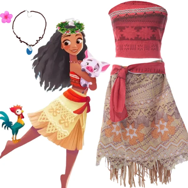Moana Dresses Vaiana Princess Dress Girls Kids Cosplay Costume Necklace Wig Pig Doll Halloween Carnival Party Vestidos Outfits