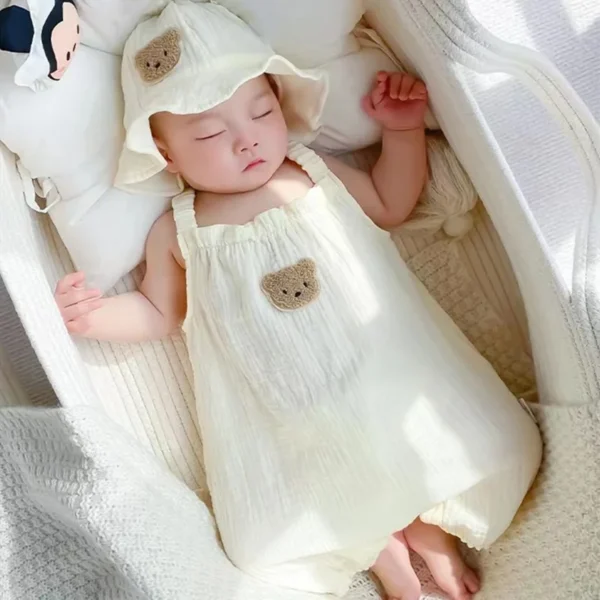 2PCS Summer Baby Clothes Set With Cap Toddler One Piece Cute Bear Sling Romper Fisherman Hat Infant Girl Boy Jumpsuit Outfit - Image 4