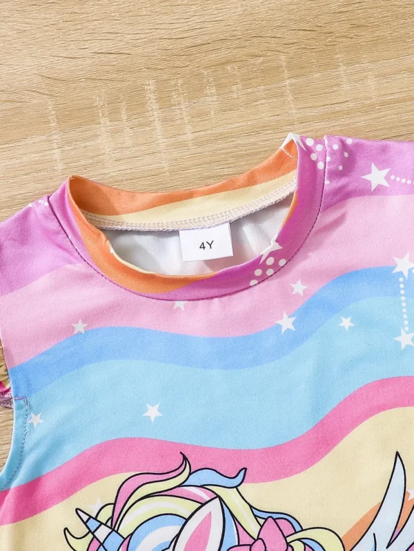 Kids Young Girl Unicorn Print Ruffle Trim Dress - Image 5