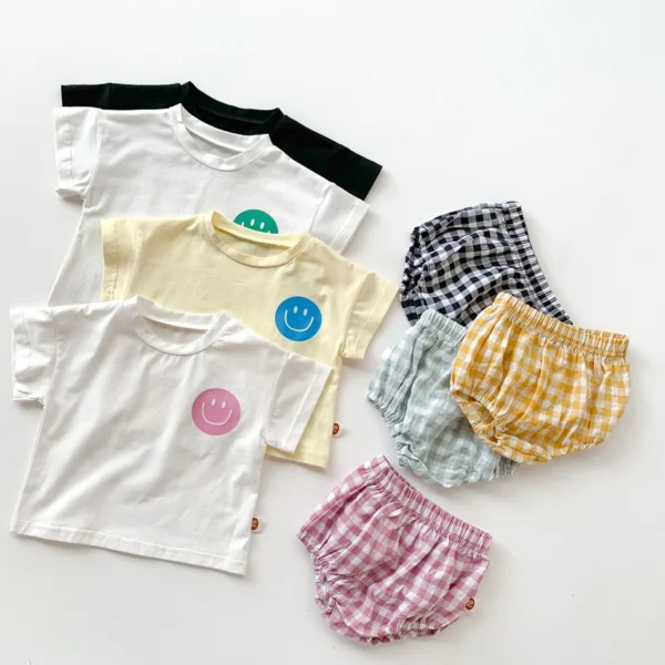 Girls Boys Cotton Smile Face Short Sleeve T-shirt + Plaid Shorts Two-pieces Suit Summer Baby Clothes Set - Image 2