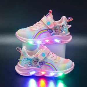Disney Girls' Casual Shoes Led Lights Mesh Breathable Children's Sports Princess Elsa Pink Purple Shoes Sneakers Size 22-35