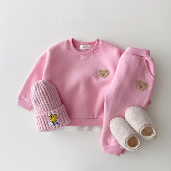 Korean Baby Boys Winter Clothes Sets Warm Bear Velvet Pullover Sweatshirt Tops+Harem Pants Suits 2pcs Girls Fleece Lined Clothes - Image 3