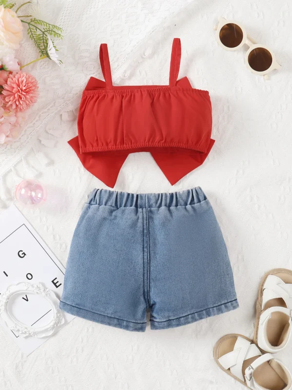 2Pcs Baby Girls Sets Summer Newborn Clothes Pure Red Suspender+Embroidered Printed Denim Shorts Fashion Baby Casual Suit - Image 3