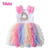 VIKITA Girls Unicorn Cartoon Print Dresses Kids Sleeveless Summer Dress Girls Colorful Mesh Tulle Layered Tutu Princess Dresses - Image 2