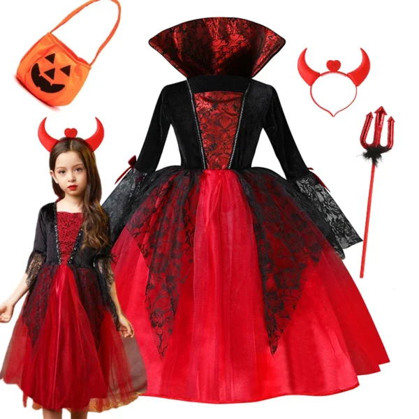 Girl Vampire Halloween Dress For Kid Ghost Bride Gothic Cosplay Vampire Costume Count Vampiran Carnival Outfit Black Red Clothes - Image 2