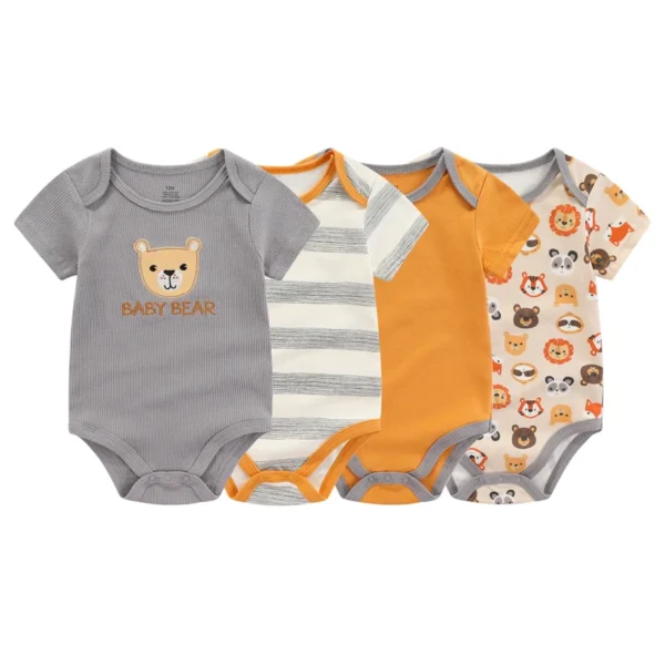 Kiddiezoom 4Pieces Summer Short Sleeve Cartoon Baby Boy Girl Bodysuit 100% Cotton Newborn Boy Girl Clothes - Image 4