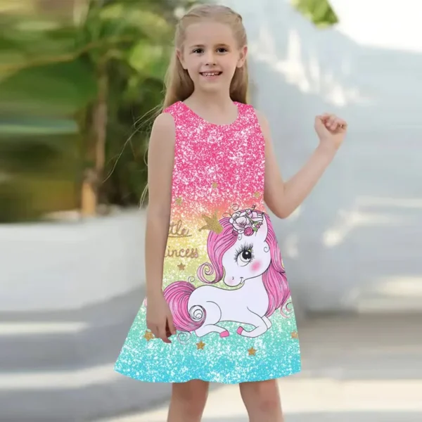 Summer Dress For Young Girls 2024 Kids Clothes Casual Sleeveless 3D Print Children Princess Unicorn Girl Dress From 2 to 7 Years - Image 4