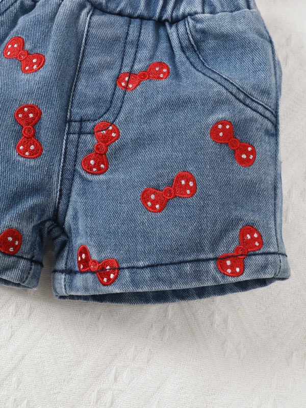 2Pcs Baby Girls Sets Summer Newborn Clothes Pure Red Suspender+Embroidered Printed Denim Shorts Fashion Baby Casual Suit - Image 6