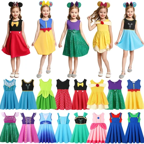 Summer Baby Girls Princess Daily Casual Dress Cute Elsa Anna Ariel Role Play Costume Kids Cotton Children Birthday Dress 2-8Y