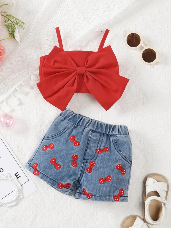2Pcs Baby Girls Sets Summer Newborn Clothes Pure Red Suspender+Embroidered Printed Denim Shorts Fashion Baby Casual Suit - Image 2