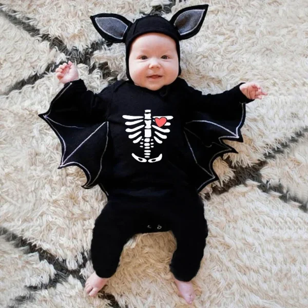 Halloween Baby Romper Girl Jumpsuit Pumpkin Head Skull Bones Infant Boy Costume Bat Long Sleeve Button Suit 2Pcs Clothes Set - Image 3