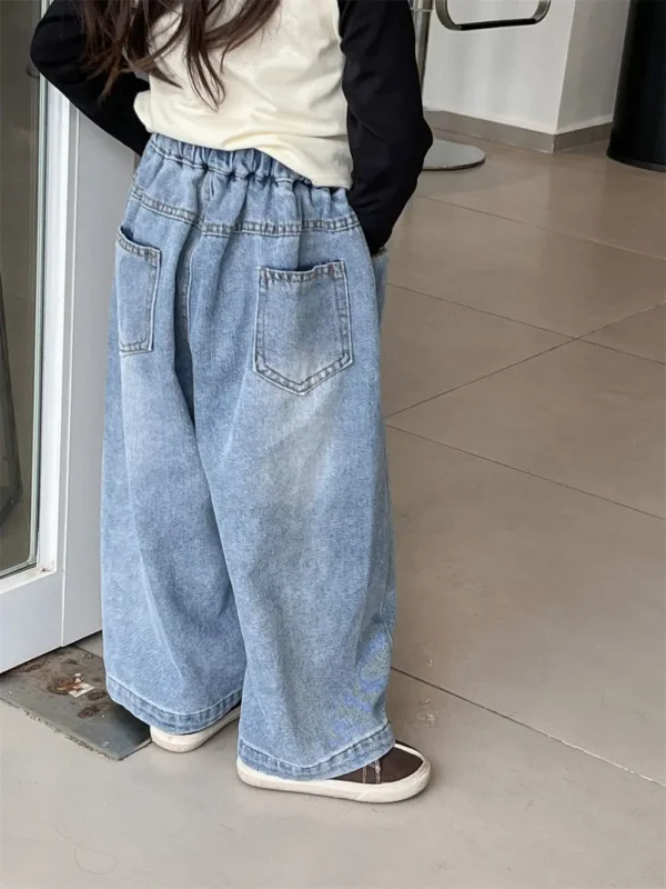 Spring and Autumn Children's Pocket Wide Leg Jeans Contrast Loose Relaxed Pants for Boys and Girls Jeans Baby Kids Trousers 2-9Y - Image 4