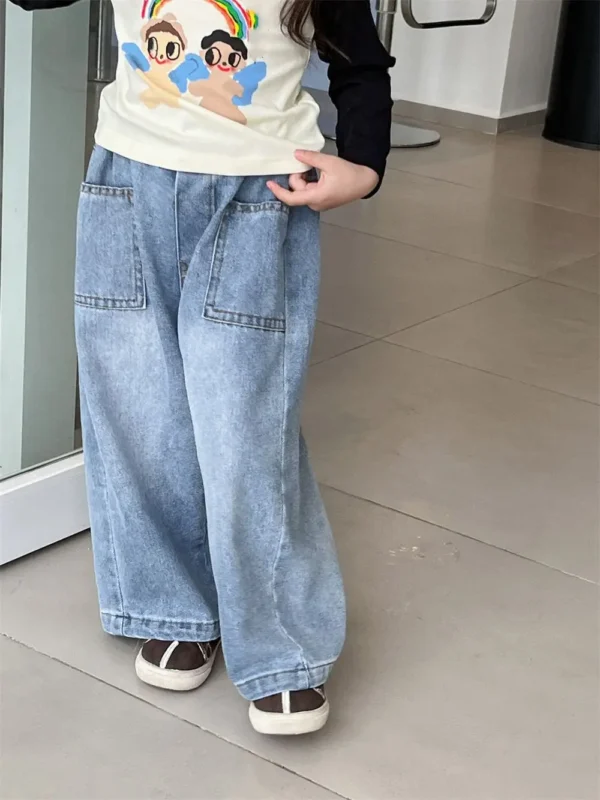 Spring and Autumn Children's Pocket Wide Leg Jeans Contrast Loose Relaxed Pants for Boys and Girls Jeans Baby Kids Trousers 2-9Y - Image 3