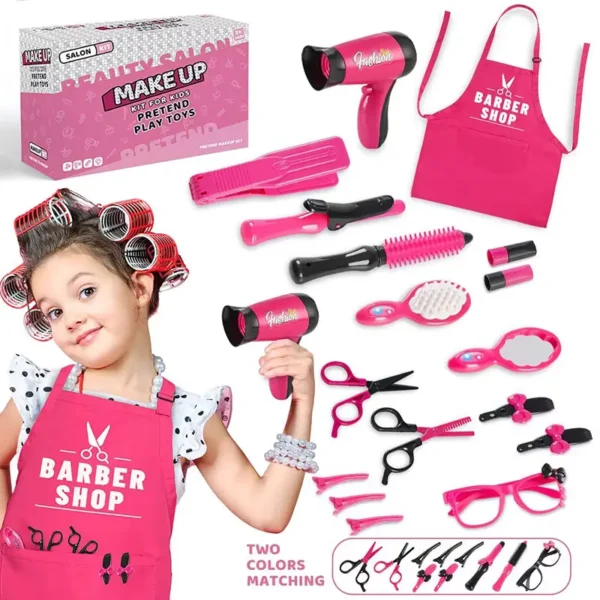 17pcs Girls Beauty Salon Set, Pretend Play Hair Cutting Kit, Hairdresser Toy With Hair Dryer, Scissors, Barber Apron And Stylin