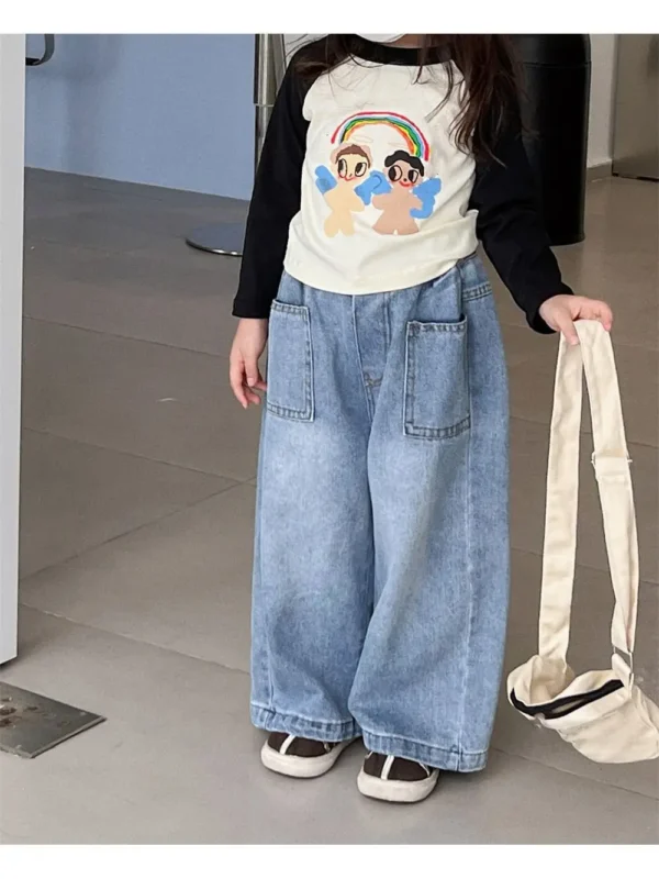Spring and Autumn Children's Pocket Wide Leg Jeans Contrast Loose Relaxed Pants for Boys and Girls Jeans Baby Kids Trousers 2-9Y - Image 2